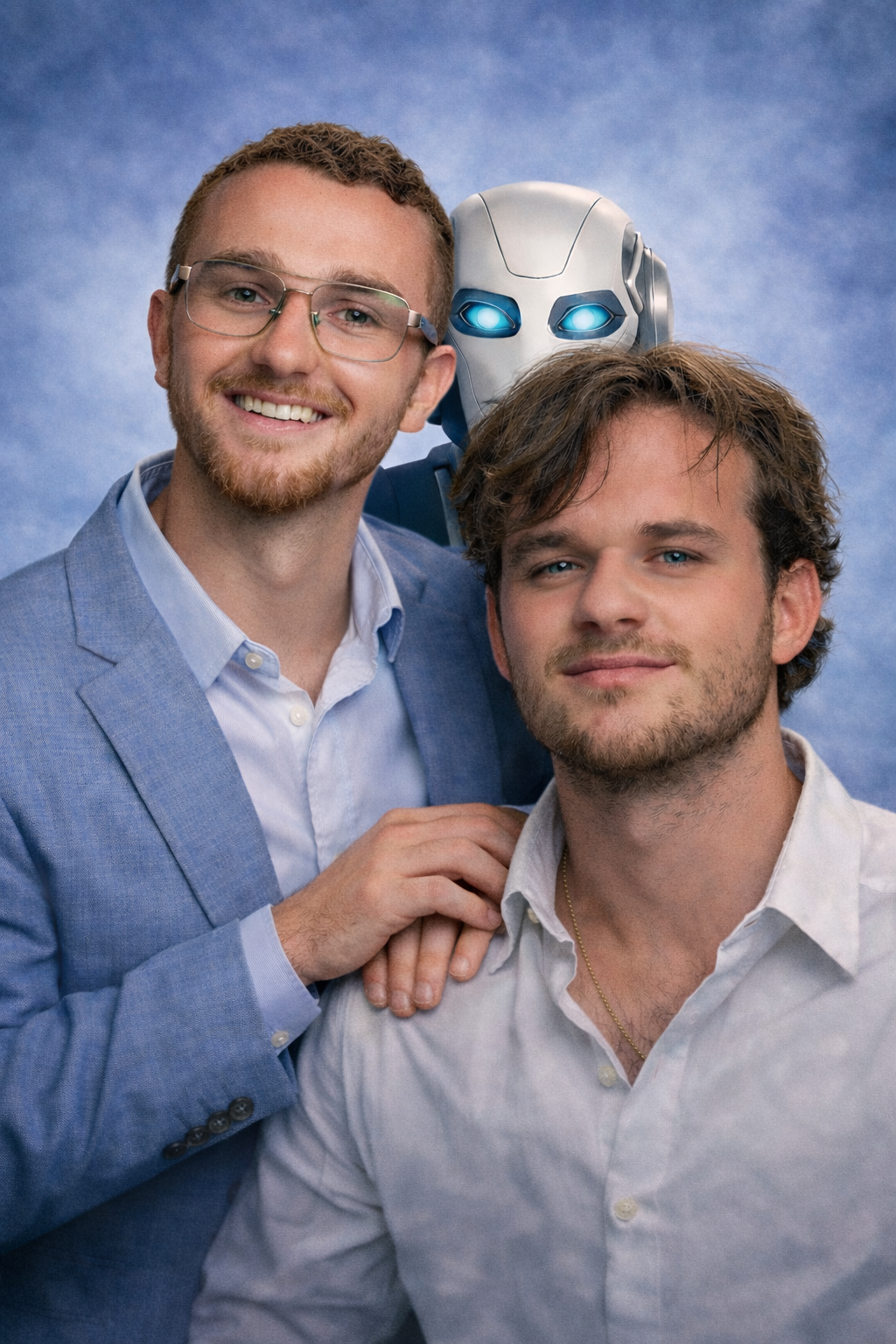 Two Dudes and AI — Jacob and Brennen with a friendly robot, movie poster style